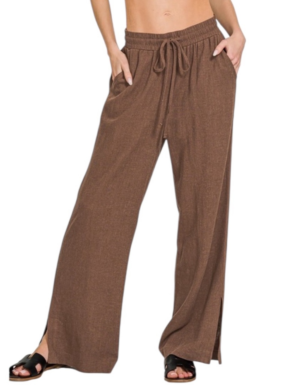 Zenana Brown Linen Drawstring Pant with pockets